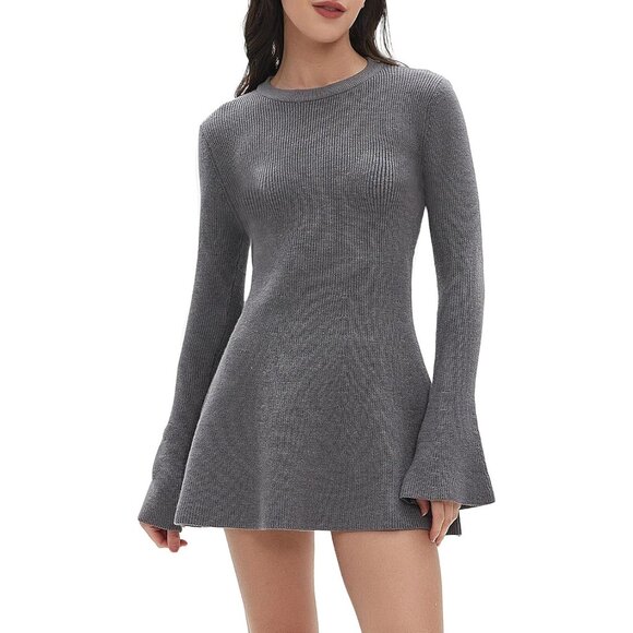 Women Spring Fall Winter Casual Sweater Dress Crew Neck Mini A-Line Knit - Picture 1 of 6